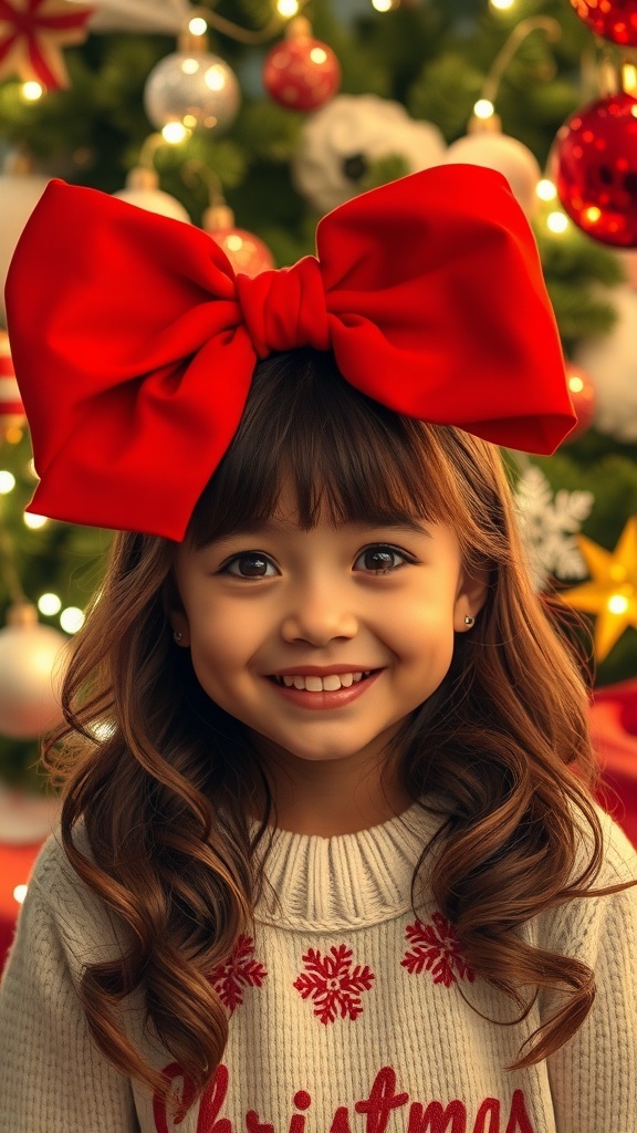A girl with a festive hairstyle and a red bow, surrounded by Christmas decorations.